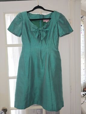 Oscar de la Renta Silk Teal Bow-Front Midi Dress